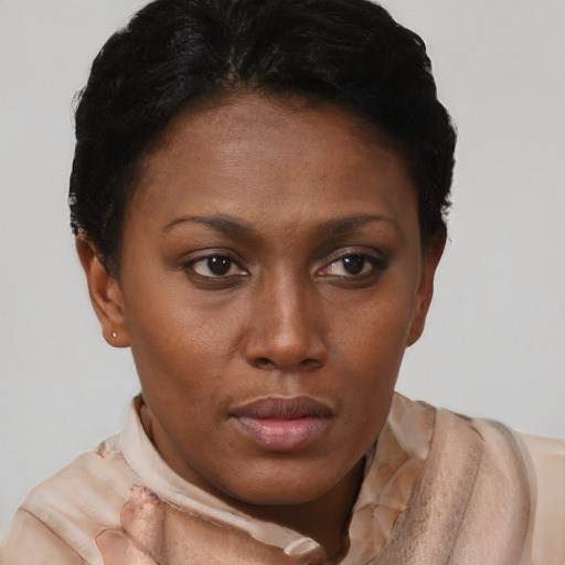 Neutral black young-adult female with short  brown hair and brown eyes