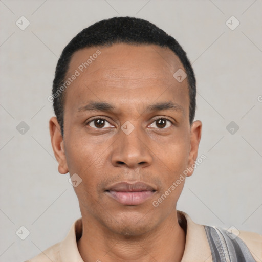 Neutral black young-adult male with short  black hair and brown eyes