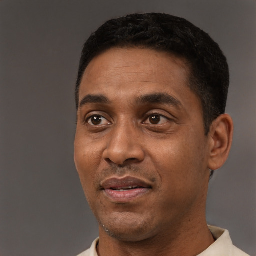 Joyful latino adult male with short  black hair and brown eyes