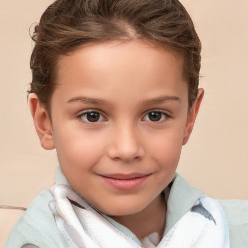 Joyful white child female with short  brown hair and brown eyes