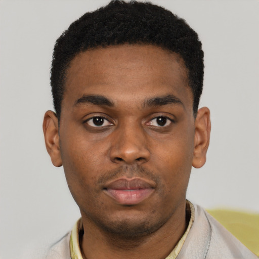 Neutral black young-adult male with short  black hair and brown eyes