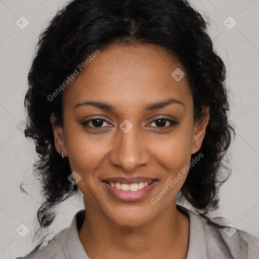 Joyful black young-adult female with medium  black hair and brown eyes