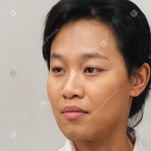 Neutral asian young-adult female with medium  brown hair and brown eyes