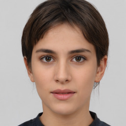 Neutral white young-adult female with short  brown hair and brown eyes