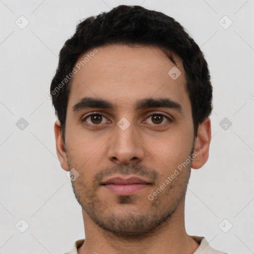 Neutral latino young-adult male with short  black hair and brown eyes