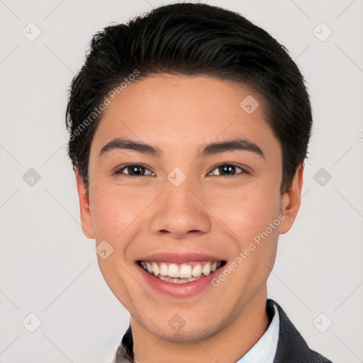 Joyful white young-adult male with short  black hair and brown eyes