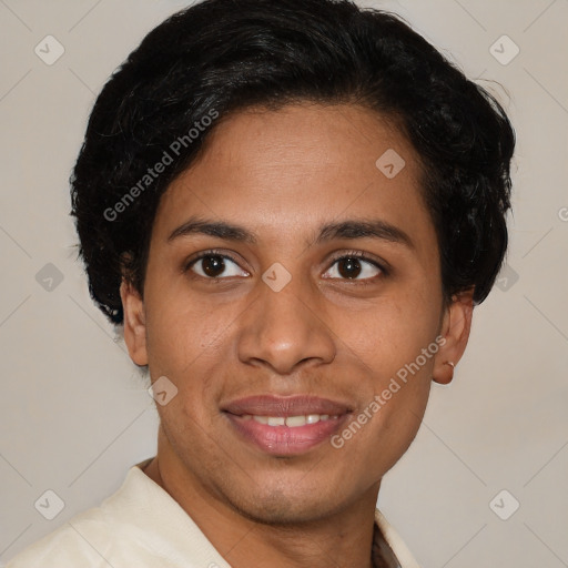 Joyful latino young-adult female with short  brown hair and brown eyes