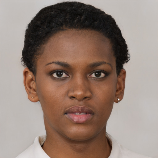 Neutral black young-adult female with short  brown hair and brown eyes