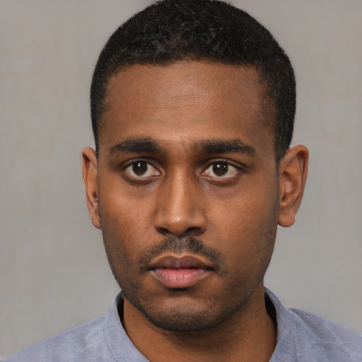 Neutral black young-adult male with short  black hair and brown eyes