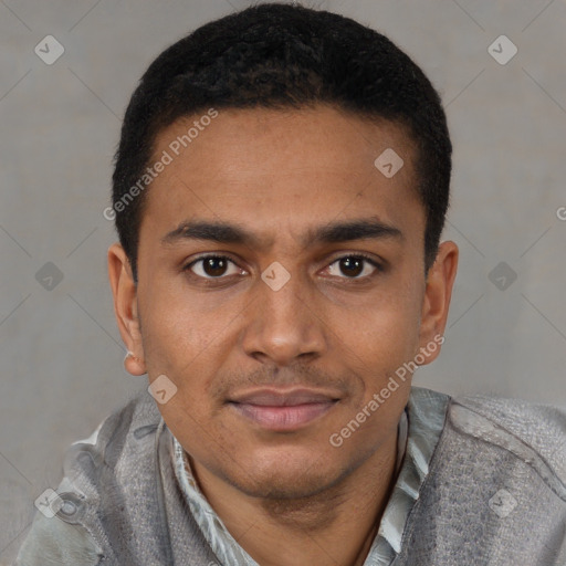 Joyful latino young-adult male with short  brown hair and brown eyes