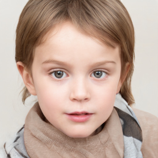 Neutral white child female with medium  brown hair and blue eyes