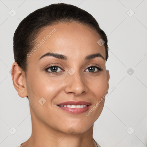 Joyful white young-adult female with short  brown hair and brown eyes