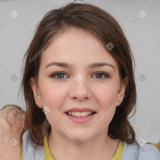 Joyful white child female with medium  brown hair and brown eyes