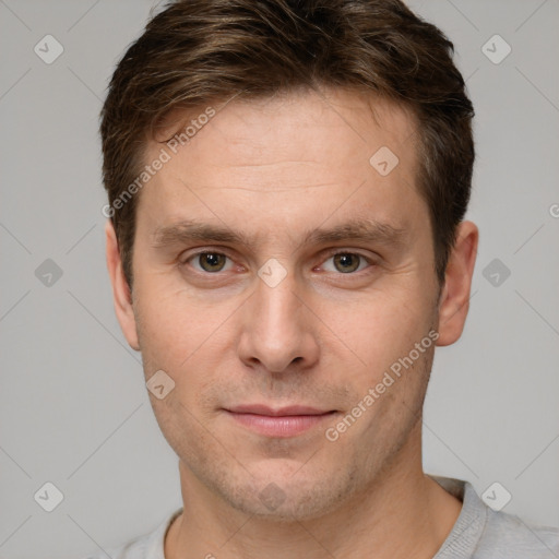 Neutral white young-adult male with short  brown hair and grey eyes