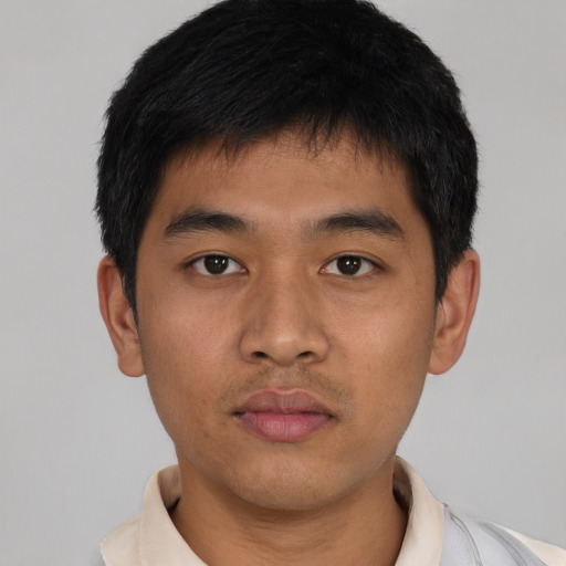 Neutral asian young-adult male with short  black hair and brown eyes