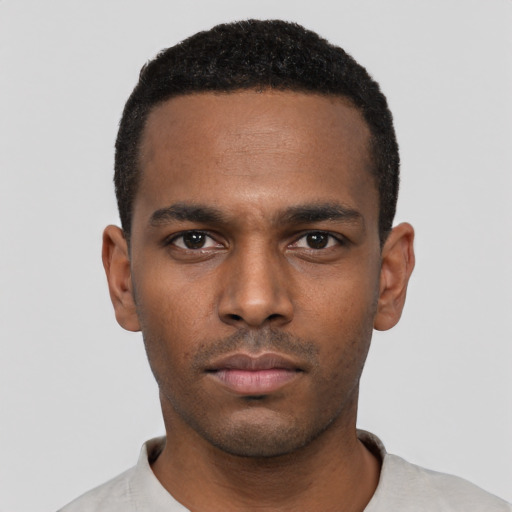Neutral black young-adult male with short  black hair and brown eyes
