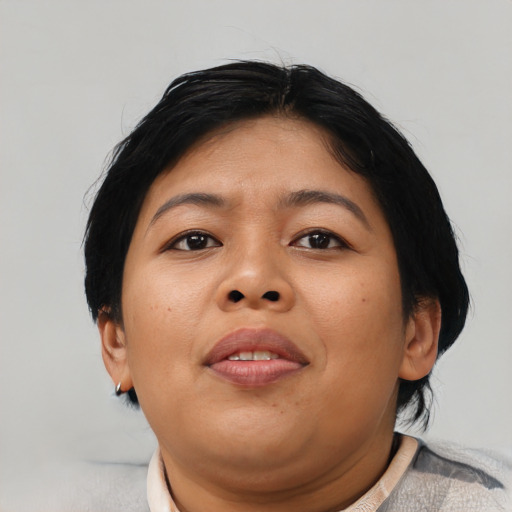 Neutral asian young-adult female with short  black hair and brown eyes