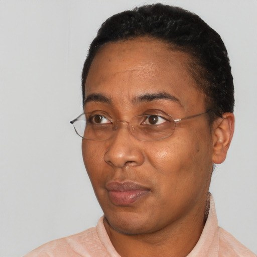 Neutral black adult female with short  black hair and brown eyes