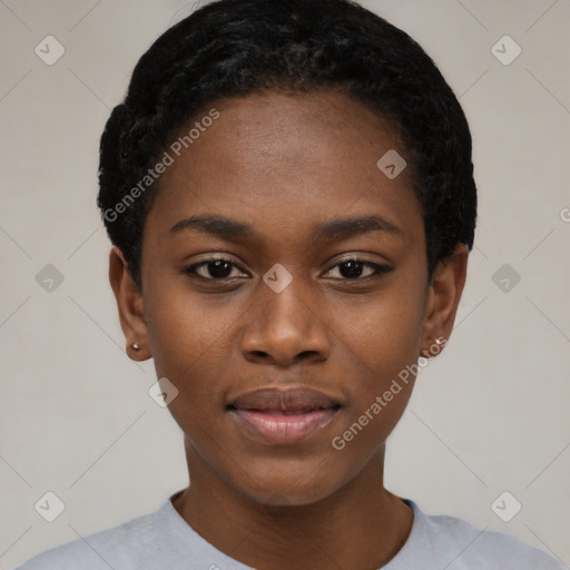 Joyful black young-adult female with short  black hair and brown eyes