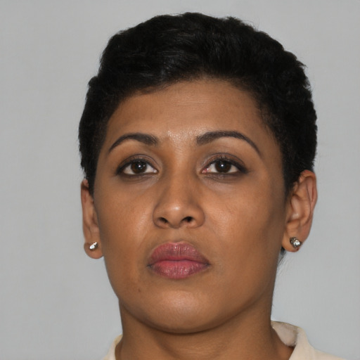 Neutral black young-adult female with short  black hair and brown eyes