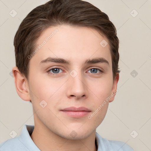 Neutral white young-adult male with short  brown hair and grey eyes