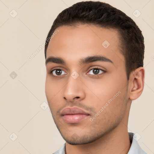 Neutral white young-adult male with short  brown hair and brown eyes