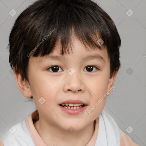 Joyful white child female with short  brown hair and brown eyes