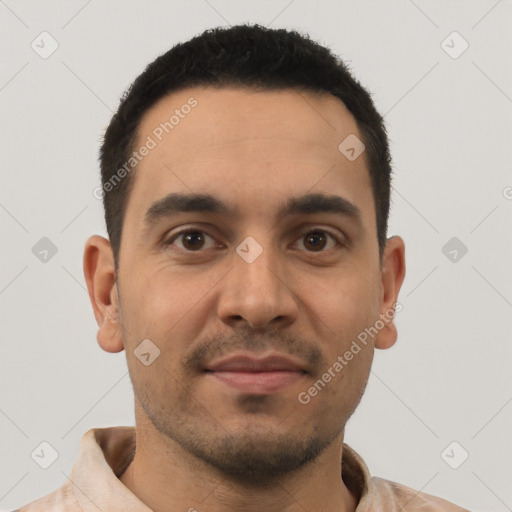 Neutral latino young-adult male with short  black hair and brown eyes