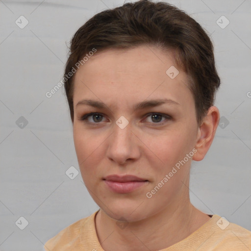 Neutral white young-adult female with short  brown hair and brown eyes