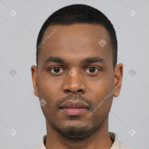 Neutral black young-adult male with short  black hair and brown eyes
