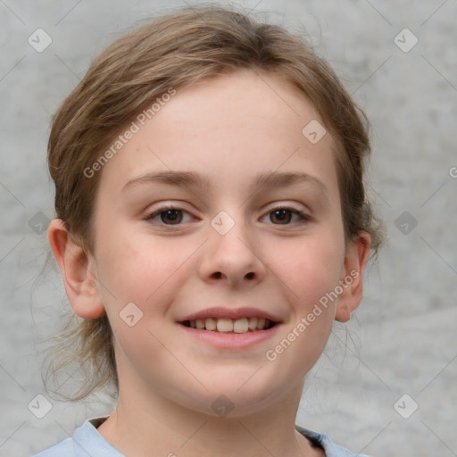 Joyful white child female with medium  brown hair and brown eyes