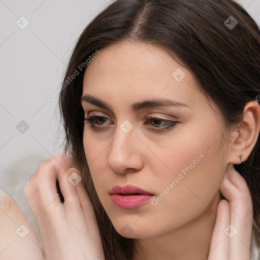 Neutral white young-adult female with medium  brown hair and brown eyes