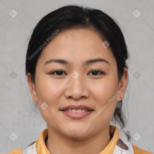 Joyful asian young-adult female with medium  brown hair and brown eyes