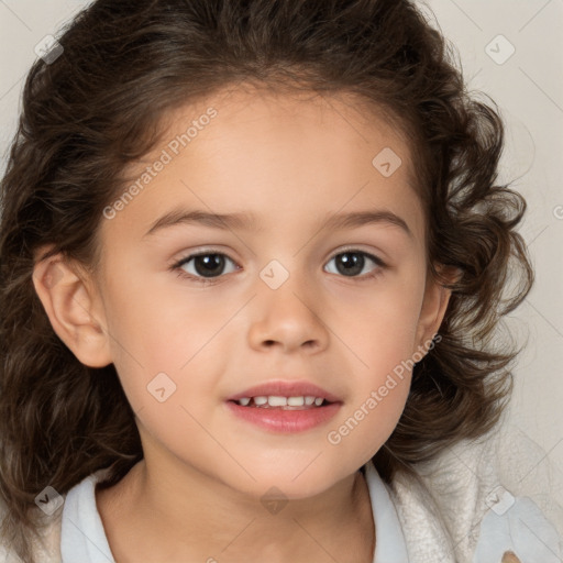 Joyful white child female with medium  brown hair and brown eyes