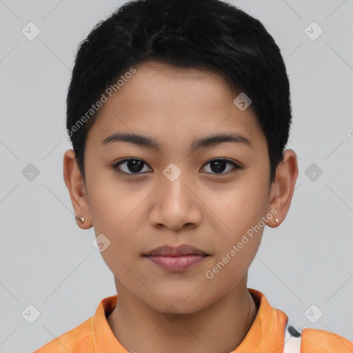 Neutral asian young-adult female with short  black hair and brown eyes