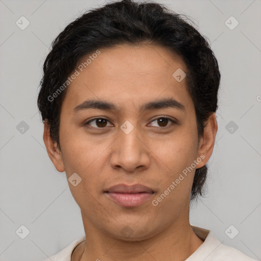 Joyful latino young-adult female with short  brown hair and brown eyes