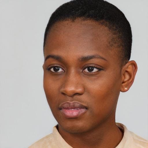 Neutral black young-adult female with short  black hair and brown eyes
