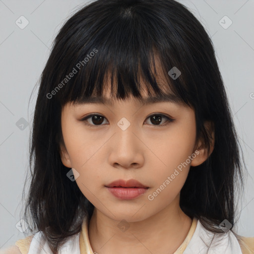 Neutral asian young-adult female with medium  brown hair and brown eyes