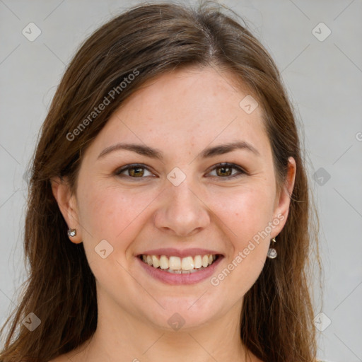 Joyful white young-adult female with long  brown hair and grey eyes