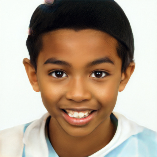 Joyful black child male with short  brown hair and brown eyes