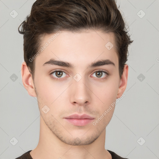 Neutral white young-adult male with short  brown hair and brown eyes