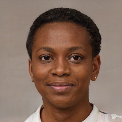 Joyful black young-adult female with short  black hair and brown eyes