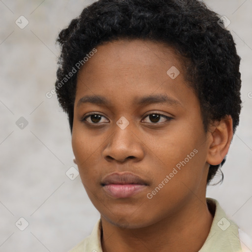 Neutral black young-adult female with short  black hair and brown eyes