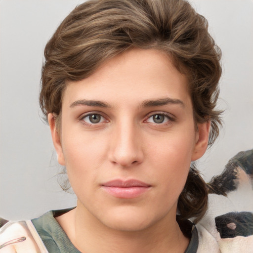 Neutral white young-adult female with medium  brown hair and brown eyes