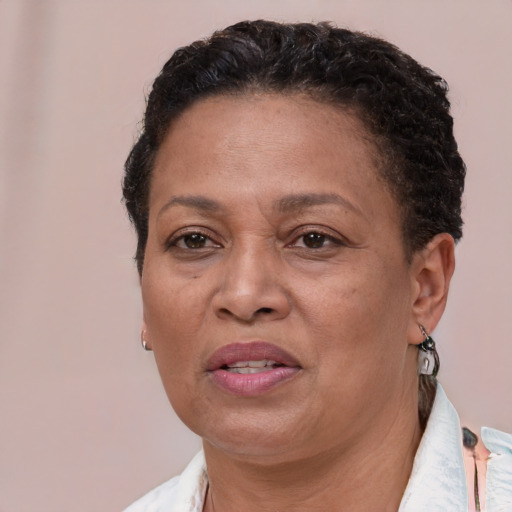 Joyful black adult female with short  brown hair and brown eyes