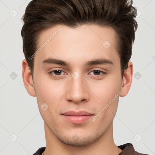 Neutral white young-adult male with short  brown hair and brown eyes