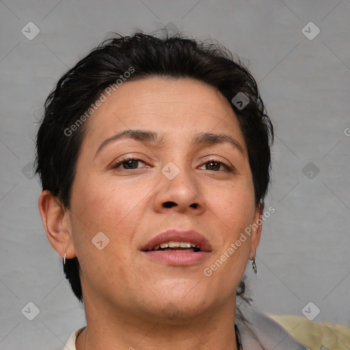Joyful white adult female with short  brown hair and brown eyes