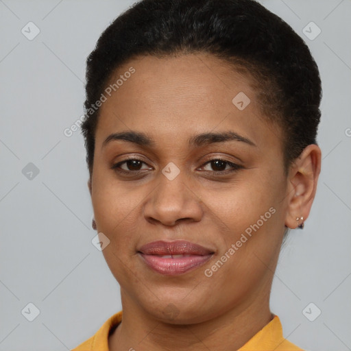 Joyful latino young-adult female with short  brown hair and brown eyes