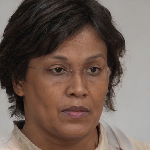 Joyful black adult female with medium  brown hair and brown eyes