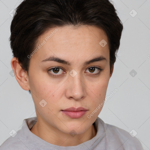 Neutral white young-adult female with short  brown hair and brown eyes